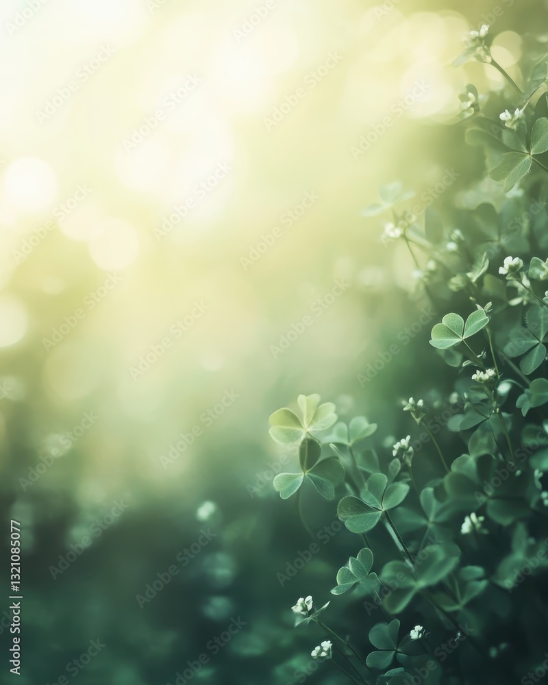 Poster serene shamrock field soft focus green clover with bokeh lighting for st. patrick's day and springti