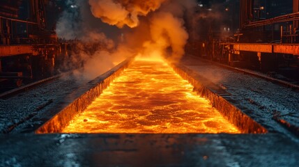 Fototapeta premium Molten steel pours from a large furnace, glowing orange as it flows into a casting mold.