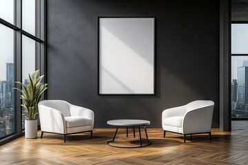 Modern, minimalist waiting area with large windows and a blank canvas