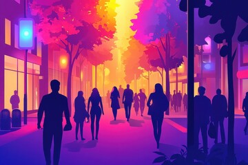 Fototapeta premium Vibrant City Street at Dusk with Silhouetted Pedestrians Walking