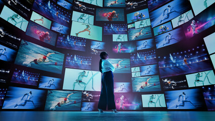 Woman standing in futuristic digital arena with many monitors displaying different sports athletes. Concept of virtual sports, performance tracking, digital transformation. Collage made with 8 models