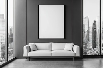 Fototapeta premium Modern minimalist interior featuring a blank canvas, a white sofa, and city view