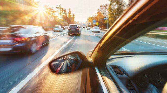A dynamic POV shot from inside a moving car on a highway at dawn, with motion blur emphasizing speed as a nearby distracted driver swerves dangerously close, highlighting the risks of reckless driving