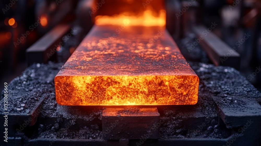 Poster hot molten steel is being processed in a factory environment, where skilled workers utilize engineer