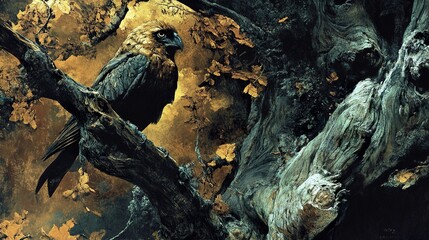 Fototapeta premium Majestic Hawk Perched on Ancient Tree