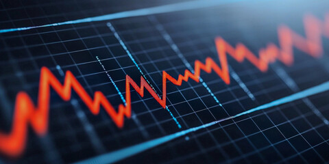 A digital graph showing fluctuating red lines against a dark background, representing data trends or financial metrics.