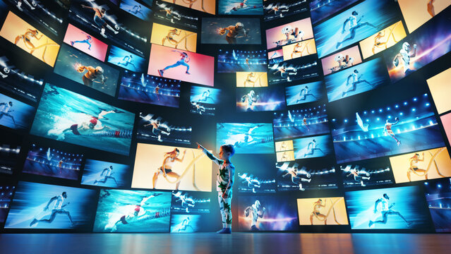 Boy pointing at immersive holographic sports screens showing virtual athletes in motion. Concept of e-sports, interactive entertainment, performance tracking, digital reality. Collage with 8 models