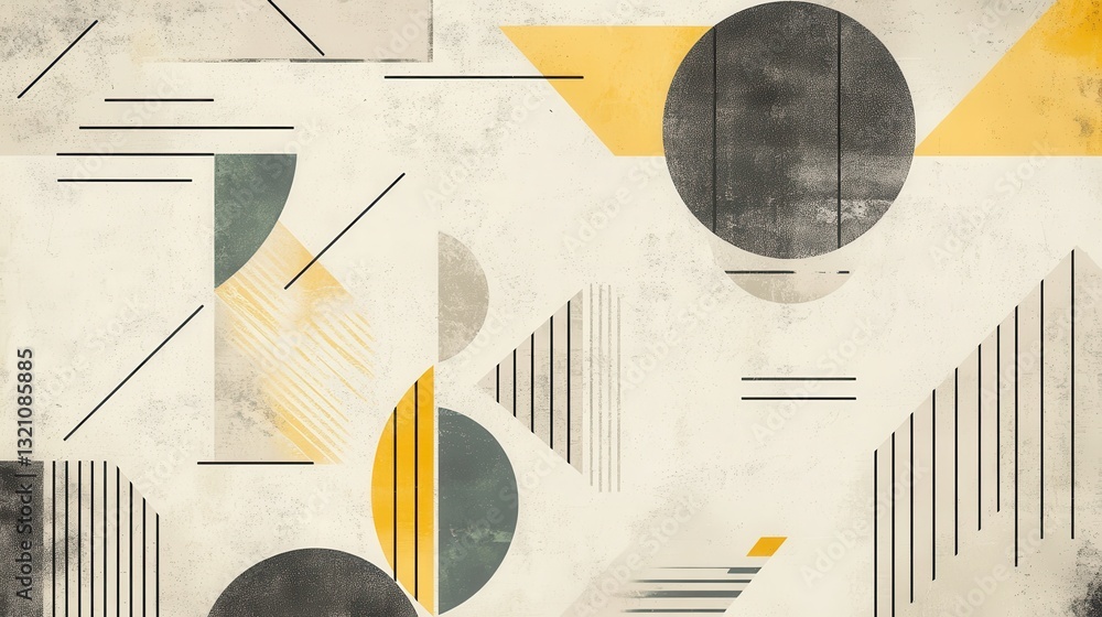 Poster abstract geometric composition with circles, triangles, and lines in muted colors on textured backgr