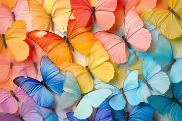 Colors of rainbow. Pattern of multicolored butterflies morpho, texture background.