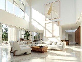 Modern, sun-drenched living room, open-plan, tropical view