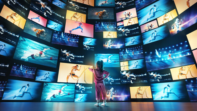 Girl in pajamas engaging with immersive holographic sports screens displaying futuristic athletes. Concept of e-sports, innovation ,modern technologies. programming. Collage made with 8 models