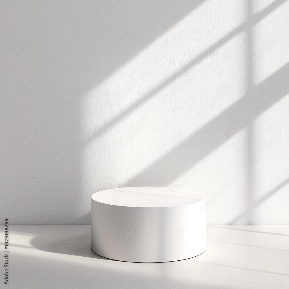 Poster minimalist white product display podium with window shadow overlay on textured wall for mockup and b