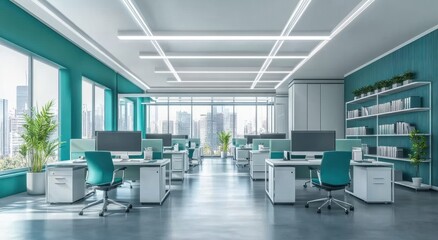 Modern teal office space with city view, workstations, and shelving. Use for commercial real estate, interior design, or office inspiration