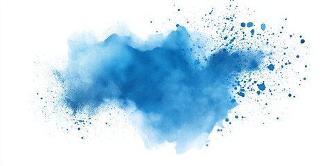 A delicate yet bold abstract blue watercolor splash with soft gradients and dynamic splatters. The fluid composition exudes movement and creativity against a crisp white background.
