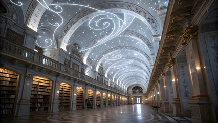 Naklejka premium Silver-White Cosmic Library with Floating Scrolls Recording Souls' Journeys. Perfect for: New Year’s celebrations, spiritual retreats, cosmic events