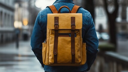 Urban traveler's mustard yellow backpack.  Man walking, city backdrop