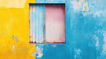 Vibrant Wall with Weathered Window A Colorful Abstract Texture of Yellow, Blue, and Pink