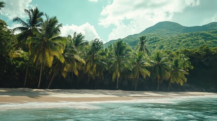 Secluded Tropical Beach Paradise with Palm Trees, Turquoise Water, and Lush Mountain Backdrop