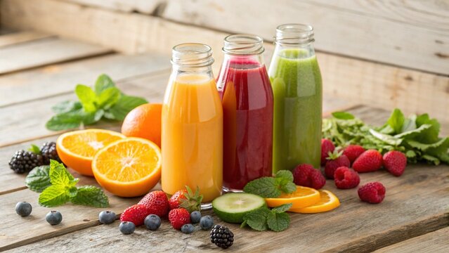 A vibrant assortment of fresh fruit juices in glass bottles, including orange, strawberry, and green blends, arranged with their respective fruits and mint leaves on a wooden surface. This image conve