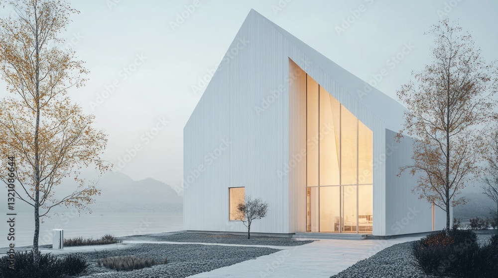 Poster A stunning contemporary structure stands elegantly by serene waters, its large windows casting a warm glow as the evening sets in, surrounded by sparse trees