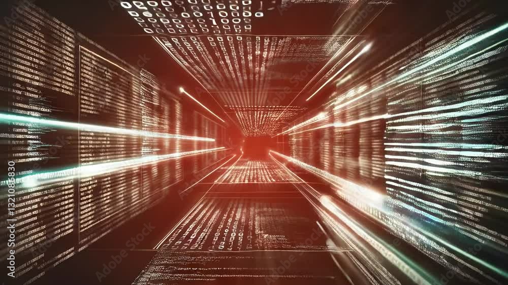 Poster abstract digital data network with flowing binary code and light trails, symbolizing fast