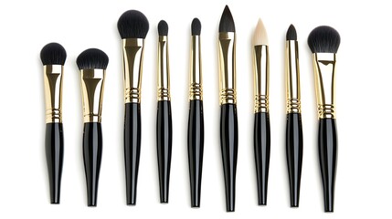 Variety of makeup and art brushes.  Different shapes and sizes, ideal for blending and precise application.  Black handles with gold accents