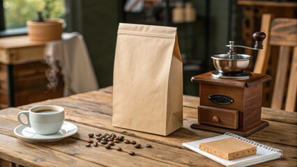 Freshly Brewed Coffee with Brown Paper Bag and Vintage Grinder on Rustic Table