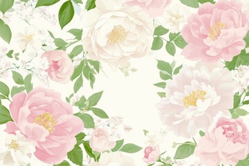 Obraz premium Elegant Floral Frame with Pink and White Peonies and Green Leaves, Watercolor Style.