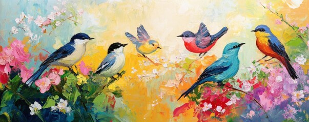 A beautiful painting depicting several colorful birds in a garden setting