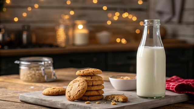 A warm and inviting scene of milk and cookies on a wooden table, bathed in soft, natural light. Perfect for conveying comfort, home baking, and simple pleasures.
