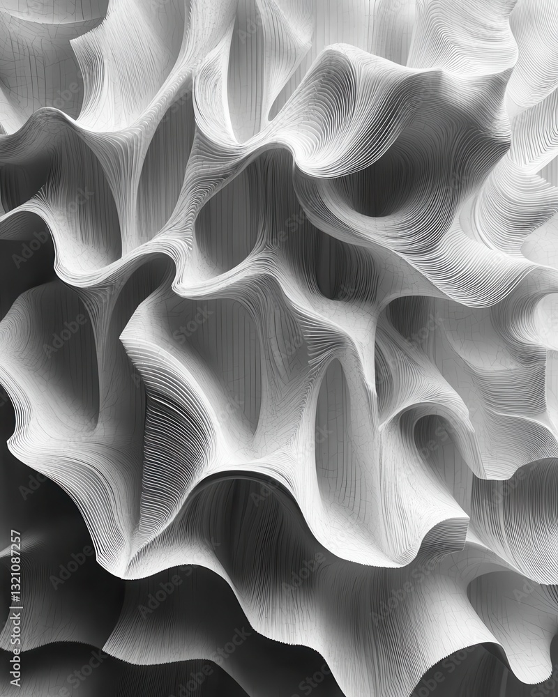 Poster abstract white curvilinear waves with fine lines and shadows, geometric background texture.