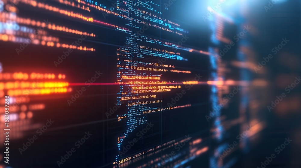 Poster Exploring a digital code interface within a futuristic environment enhanced by illuminated screens