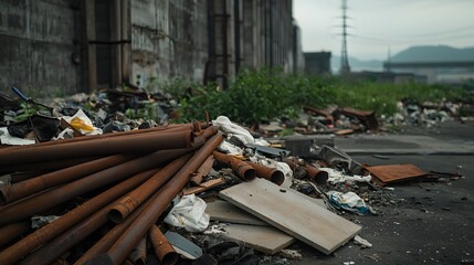 Obraz premium Close Up of Waste Pile Accumulated Near Crumbling Factory Structures with Overgrown Grass