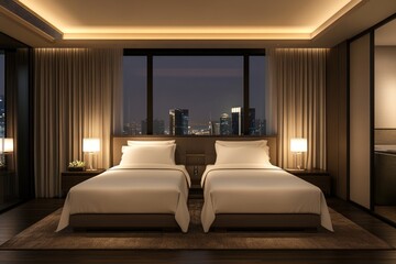 Modern twin beds bedroom at night with city view