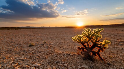 Desert sunset illuminates a lone cactus