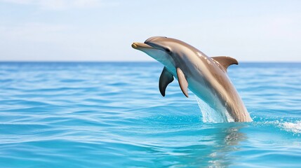 Naklejka premium Dolphin leaping from ocean, clear sky