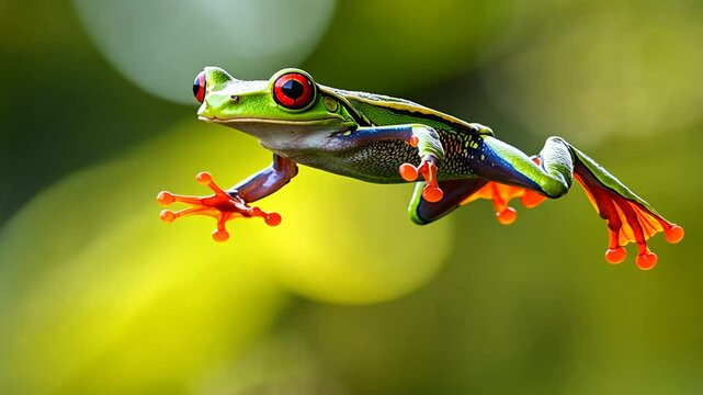 Vibrant Red-Eyed Tree Frog Leaping Through Lush Greenery: A Captivating Wildlife Scene
