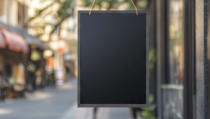Empty chalkboard menu board hanging outdoors