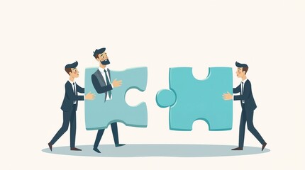 Fototapeta premium Business concept. People connect puzzle elements. Flat illustration in flat design style. Teamwork, partnership. Businessmen working together and moving towards success