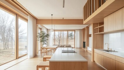 Modern wooden farmhouse kitchen with panoramic views
