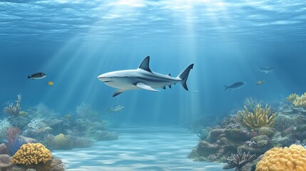 Fototapeta premium Underwater Scene of Shark Swimming Over Vibrant Coral Reef in Sunlight