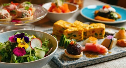 Colorful gourmet dishes featuring fresh salad, sushi, and egg omelet