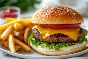 Juicy cheeseburger with fresh toppings served alongside golden fries in a casual dining setting