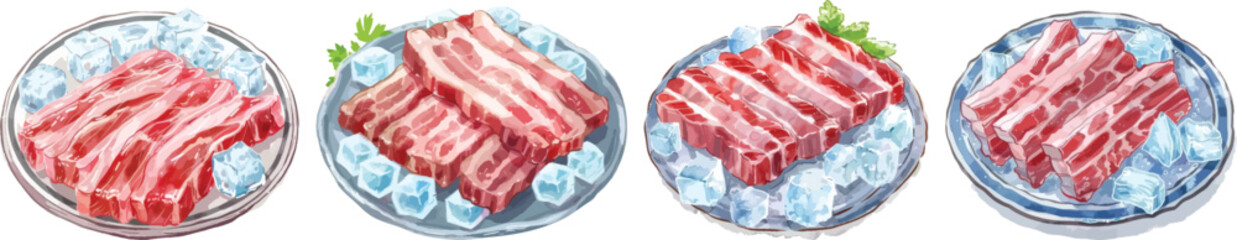 Fresh Pork Belly Vector Illustration on Plates with Ice Cubes