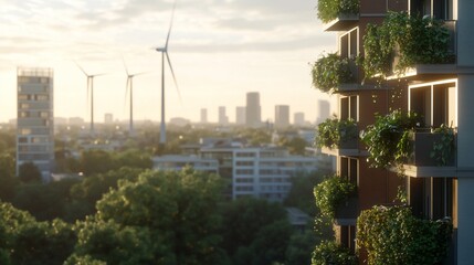 Eco-friendly apartment building with city & wind turbines