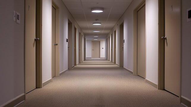 Quiet University Dormitory Hallway with Closed Doors in Modern Educational Building