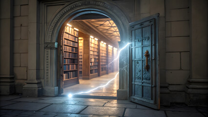 Fototapeta premium Time-Space Gateway Opening to Library of Akashic Records with Glowing Runes. Perfect for: Time and space celebrations, spiritual events