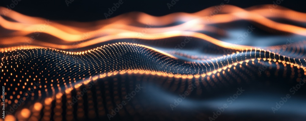 Poster glowing neon waves and dots create dynamic abstract digital art with orange and black tones