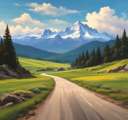 Naklejka premium Illustration of road in wild and scenic landscape.