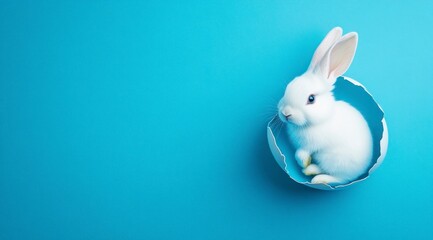 Obraz premium White Easter Bunny Sitting Inside Broken Eggshell on Blue Background